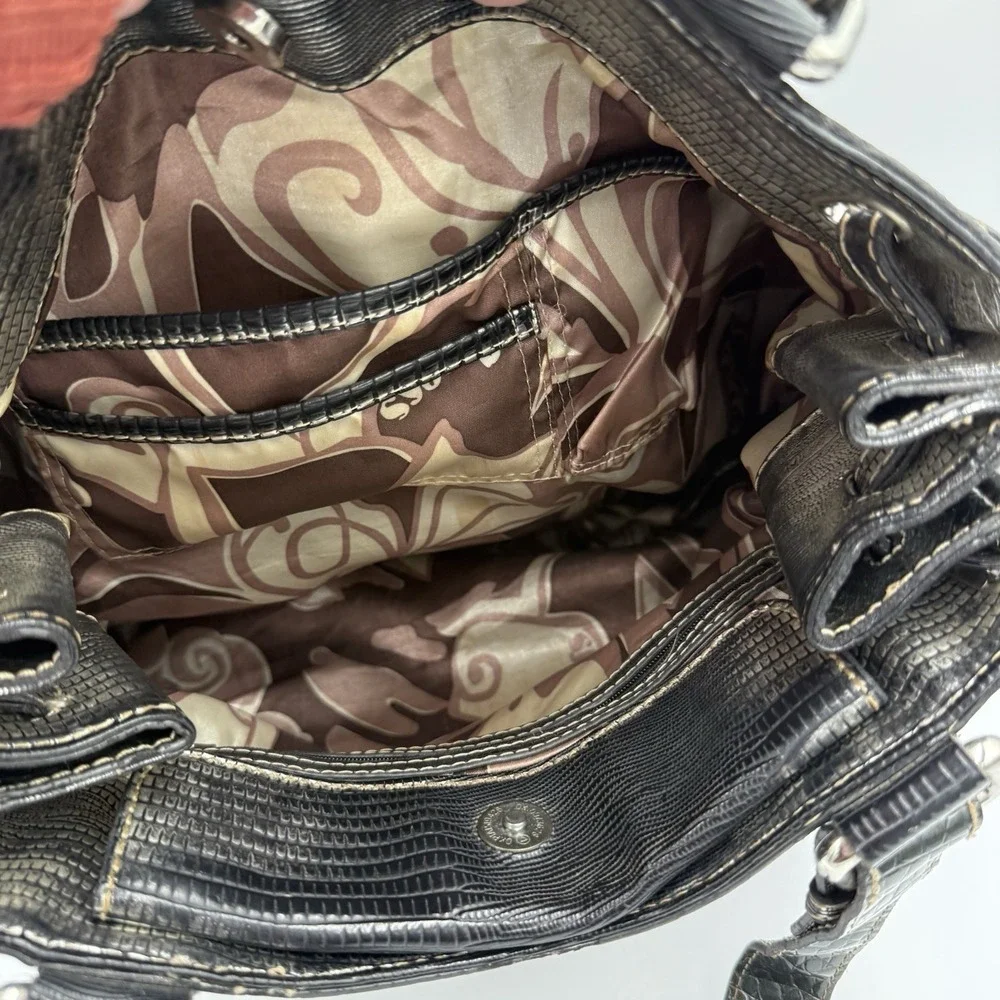 Vintage Y2K GUESS Black Monogram‎ Pleated Shoulder Bag Rhinestone Logo Croc Hobo